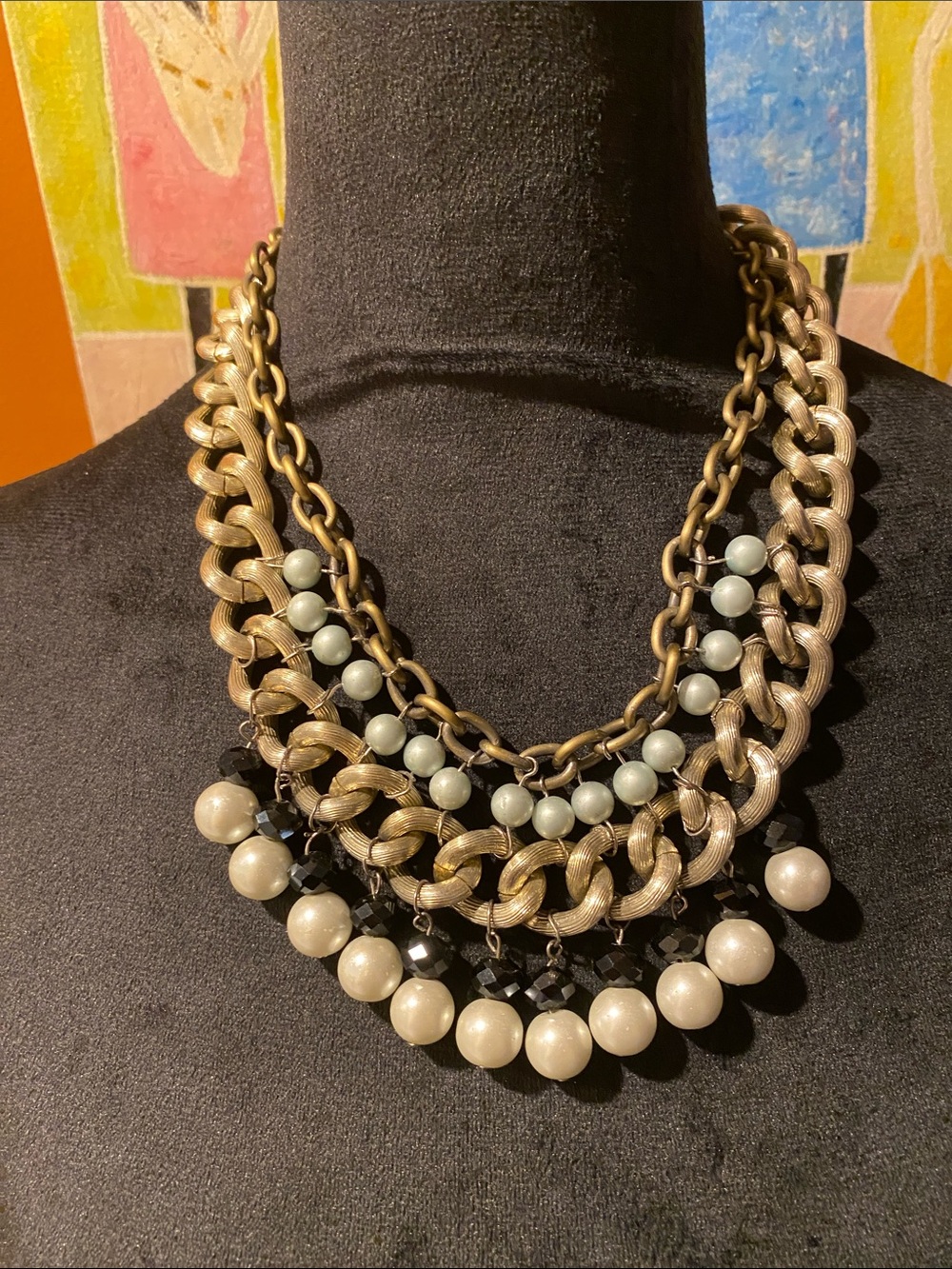Vintage Faux Pearl Silver & baby blue Tone
Bib Collar Chunky Statement
Necklace